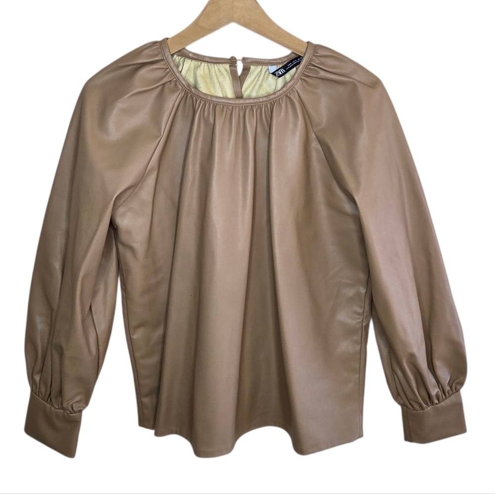 Zara Tan Faux Vegan Leather Long Puff Sleeve Top Size Small Minimalist Chic Luxe